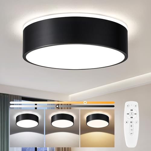 Vikaey LED Deckenleuchte Dimmbar 30cm Schwarz, 24W Deckenlampe Schlafzimmer Rund mit Fernbedienung, Moderne Dimmbare LED Lampe Decken für Wohnzimmer, Küchen, Badezimmer, Esszimmer, Kinderzimmer, Flur von Vikaey