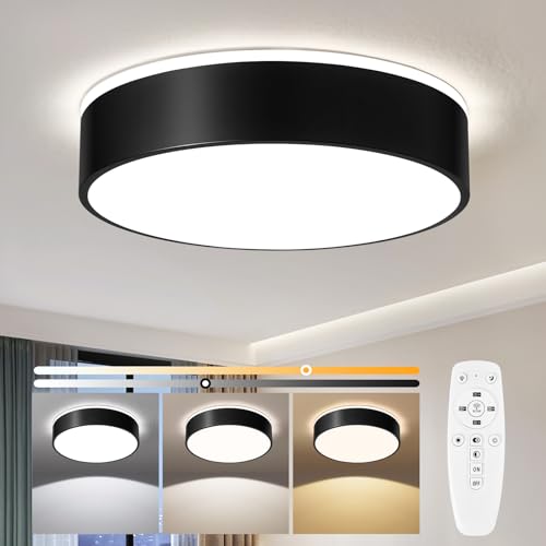 Vikaey LED Deckenleuchte Dimmbar 40cm Schwarz, 36W Deckenlampe Wohnzimmer Rund mit Fernbedienung, Moderne Dimmbare LED Lampe Decken für Schlafzimmer, Küchen, Badezimmer, Esszimmer, Kinderzimmer, Flur von Vikaey