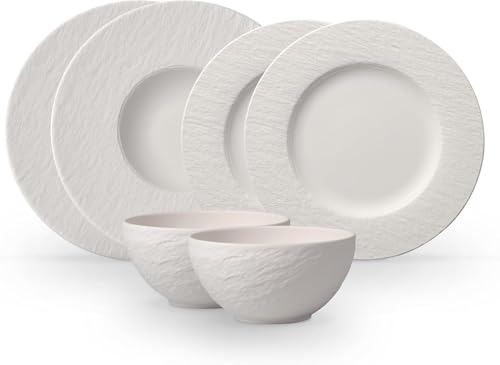 Villeroy & Boch – Manufacture Rock Blanc Geschirrset 6 Teilig, Spülmaschinenfest, Mikrowellensicher, Weißes Geschirr Modern, Starter Set, Speiseteller, Pastateller, Müslischalen, Porzellan, Weiß von Villeroy & Boch