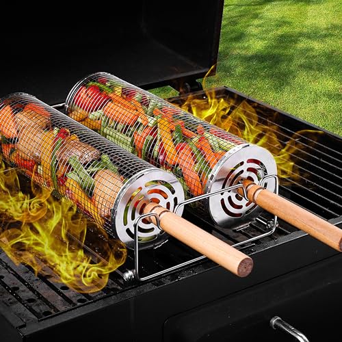 Vinclus Rollendes Grillkorb Set mit Abnehmbarem Griff（2PCS）, Grillzubehör aus Edelstahl, Geeignet für Gemüse und Fleisch, Geeignet für Grillen und Camping im Freien von Vinclus