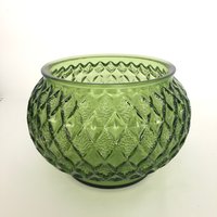 Vintage Avocado Grünes Glas Harlekin Muster Schüssel Vase Übertopf von VintageGlassFindsCo