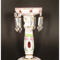Boho Handbemalter Weißer Emailleschliff Zu Cranberry Glas Kerzenhalter von VintageRetroEu