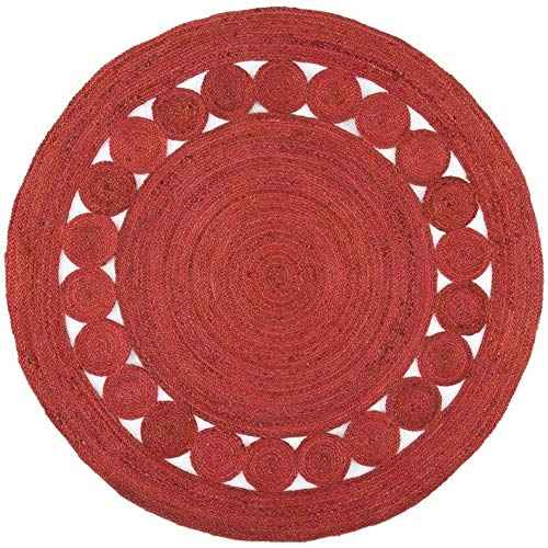 Vipanth Exports Handgefertigter Jute-Teppich für Küche, Flur, Wohnzimmer (60 x 60 cm rund), Rot von Vipanth Exports