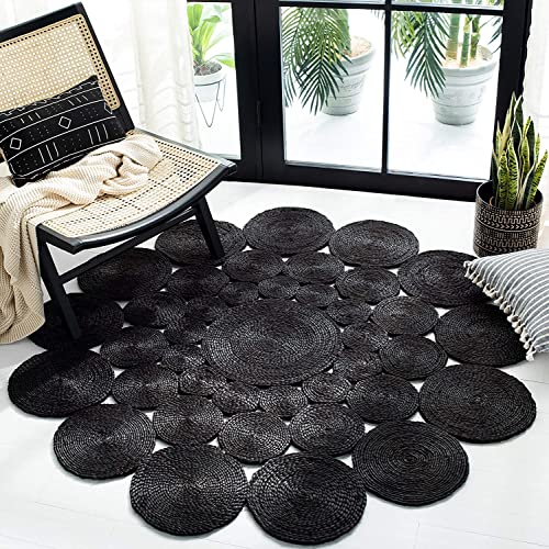 Vipanth Exports Jute-Teppich, natürlich, handgeflochten, Kreis-Design, runder Teppich für Wohnzimmer (schwarz, 90 x 90 cm, rund) von Vipanth Exports