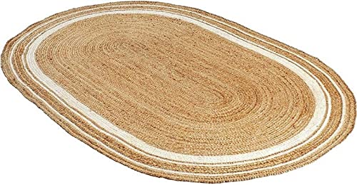 Vipanth Teppich aus natürlicher Jute, oval, rustikal, handgefertigt, handgeflochten, für Heimdekoration (60 x 120 cm, Beige + weiße Linie) von Vipanth Exports