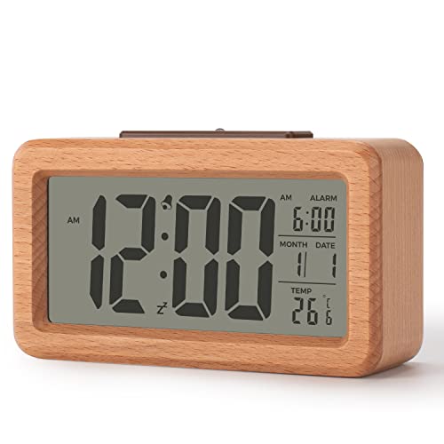 Virklyee Wecker aus Holz digital, LCD-Display mit Datum und Temperatur, 12/24HR, Digital Uhr mit Snooze Moduls, Sensorfunktion Nachtlicht, Stumm und ungestört (Braun Nachtlicht) von Virklyee