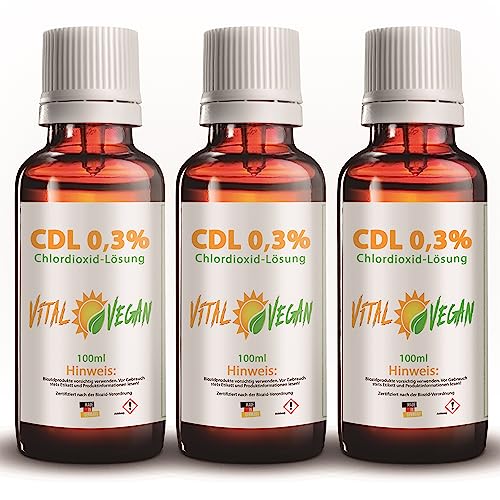 CDL 100ml -3er Set gesamt 300ml Chlordioxid Lösung 0,3-3 Flaschen fertige Chlordioxidlösung 0,3% Tropfen mit HDPE Tröpfchendosierer von Vital Vegan