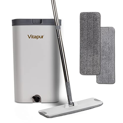 VITAPUR Wischmopp und Eimer Set mit 2er Moppads und Reinigungsbürste, Selbstreinigend Flach Mopp Bodenwischer Set für Boden Reinigung, Fliesen, Parkett, Laminat von Vitapur