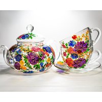 Personalisiertes Muttertagsgeschenk - Blumen-Tee-Set-Teekanne Mit 2 Tassen Und Untertassen Küchengeschenk von Vitraaze