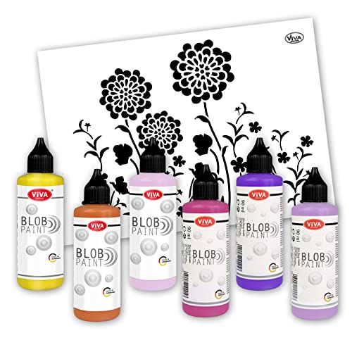 Viva Decor Blob Paint Farbset Blumenwiese + DIN A3 Schablone (6 x 90ml) gebrauchsfertige Farben für Blob Painting - Dot Painting Art, Dotting Tool für Leinwand - Made in Germany von Viva Decor