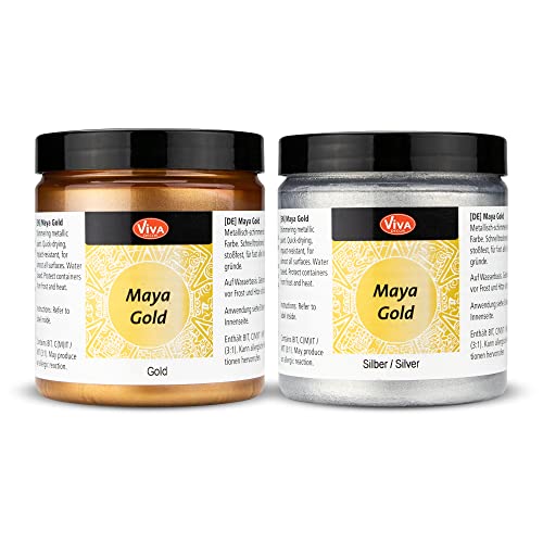 Viva Decor Maya Gold je 2 x 250 ml (Gold & Silber) glänzende Metallic Farben zum Basteln - Acrylfarben Gold & Silber Metallic für Holz, Pappe, Beton, Papier, Leinwand - Made in Germany von Viva Decor