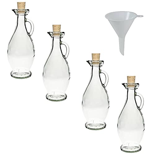 Viva Haushaltswaren - 4 x Glasflasche 250 ml mit Korkverschluss & Henkel, formschönes Gläser Set als Ölflasche, Schnapsflasche & Likörflasche etc. verwendbar (inkl. Trichter Ø 7 cm) von Viva Haushaltswaren