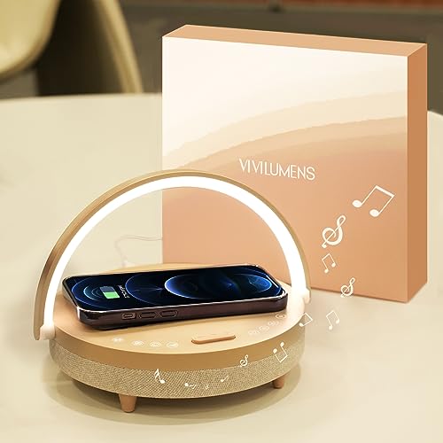 Vivilumens 5-in-1-Nachttischlampen mit kabellosem Ladegerät, Bluetooth-Lautsprecher, weiße Rauschmaschine, Dimmbare Touch Lampe mit Telefonhalter, Personalisiertes Nachtlicht (Rosy Beige) von Vivilumens