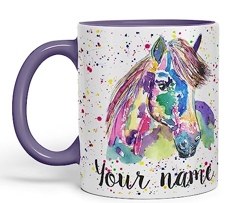 Vixar Personalisierte Tasse mit Ihrem Text Pony kleines Pferd Bauernhof Tiere Aquarell Kunst farbige Keramiktasse Tasse Geschenk 330ml 11oz Custom Work Office Tee Kaffee (O1) (lila) von Vixar