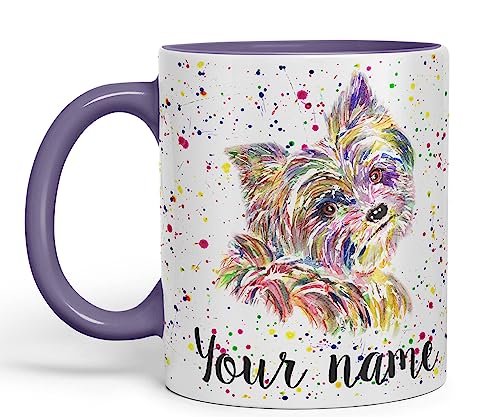 Vixar Personalisierte Tasse mit Ihrem Text Yorkshire Terrier Yorkie York Hund Haustier Tiere Aquarell Kunst farbige Keramik Tasse Geschenk 330 ml 11 oz Custom Work Office Tee Kaffee (O2) (lila) von Vixar