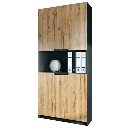 Vladon Büroschrank Logan V2, Made in Germany, Aktenschrank mit 5 Fächern und 4 Türen, Schwarz matt/Eiche Natur (82 x 184 x 37 cm) Vladon Büroschrank Logan V2, Made in Germany, Aktenschrank mit 5 Fächern und 4 Türen, Schwarz matt/Eiche Natur (82 x 184 x 37 cm) von Vladon