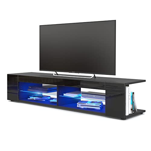 Vladon Lowboard Movie, TV-Kommode mit 4 offenen Fächern und Zierleisten, Schwarz matt/Schwarz Hochglanz, inkl. LED-Beleuchtung in blau (134 x 29 x 39 cm) von Vladon