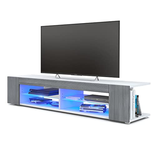 Vladon Lowboard Movie, TV-Kommode mit 4 offenen Fächern und Zierleisten, Weiß matt/Avola-Anthrazit, inkl. LED-Beleuchtung blau (134 x 29 x 39 cm) von Vladon