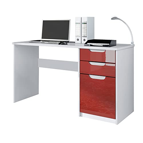 Vladon Schreibtisch Logan, Made in Germany, Bürotisch mit 2 Schubladen und 1 Tür, Weiß matt/Bordeaux Hochglanz (129 x 76 x 60 cm) von Vladon