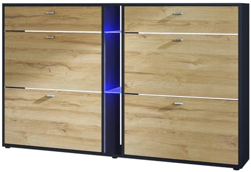 Vladon Schuhschrank Schuhkipper Today 155,5 x 95 x 28 cm, mit Blauer LED Beleuchtung, Made in Germany, Korpus in Schwarz matt, Fronten in Eiche Natur Vladon Schuhschrank Schuhkipper Today 155,5 x 95 x 28 cm, mit Blauer LED Beleuchtung, Made in Germany, Korpus in Schwarz matt, Fronten in Eiche Natur von Vladon