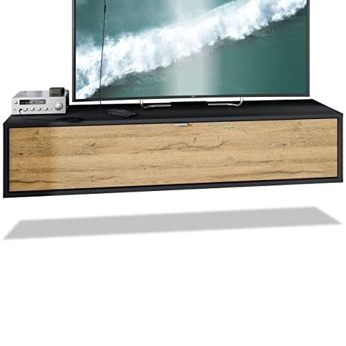 Vladon TV Board Lana 140 Hängeschrank Lowboard 140 x 29 x 37 cm, Made in Germany, Korpus in Schwarz matt, Fronten in Eiche Natur | Große Farbauswahl von Vladon