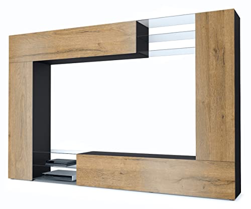 Vladon Wohnwand Mirage, Made in Germany, Anbauwand mit Rückwand mit 2 Türen, 2 Klappen und 6 offenen Glasablagen, Schwarz matt/Eiche Natur (262 x 183 x 39 cm) Vladon Wohnwand Mirage, Made in Germany, Anbauwand mit Rückwand mit 2 Türen, 2 Klappen und 6 offenen Glasablagen, Schwarz matt/Eiche Natur (262 x 183 x 39 cm) von Vladon