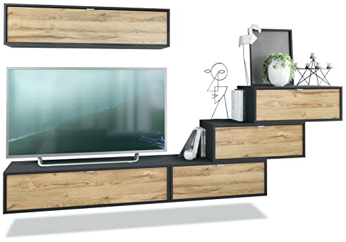 Vladon Wohnwand Lana V1 Anbauwand aus 5 Hängeelementen mit 12 Fächern, Made in Germany, Korpus in Schwarz matt, Fronten in Eiche Natur | Große Farbauswahl Vladon Wohnwand Lana V1 Anbauwand aus 5 Hängeelementen mit 12 Fächern, Made in Germany, Korpus in Schwarz matt, Fronten in Eiche Natur | Große Farbauswahl von Vladon