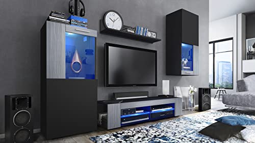 Vladon Wohnwand Movie, Anbauwand bestehend aus 1 TV-Board, 2 Vitrinen und 1 Regal, Schwarz matt/Schwarz matt/Avola-Anthrazit, inkl. LED-Beleuchtung blau (Gesamt: 300 x 190 x 39 cm) von Vladon