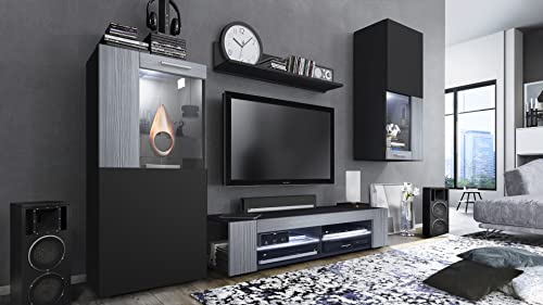 Vladon Wohnwand Movie, Anbauwand bestehend aus 1 TV-Board, 2 Vitrinen und 1 Regal, Schwarz matt/Schwarz matt/Avola-Anthrazit, inkl. LED-Beleuchtung weiß (Gesamt: 300 x 190 x 39 cm) von Vladon