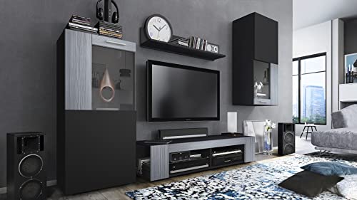 Vladon Wohnwand Movie, Anbauwand bestehend aus 1 TV-Board, 2 Vitrinen und 1 Regal, Schwarz matt/Schwarz matt/Avola-Anthrazit (Gesamt: 300 x 190 x 39 cm) von Vladon