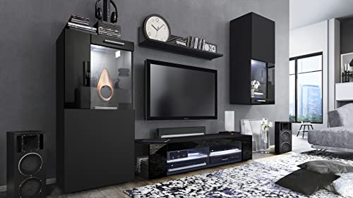 Vladon Wohnwand Movie, Anbauwand bestehend aus 1 TV-Board, 2 Vitrinen und 1 Regal, Schwarz matt/Schwarz matt/Schwarz Hochglanz, inkl. LED-Beleuchtung weiß (Gesamt: 300 x 190 x 39 cm) von Vladon