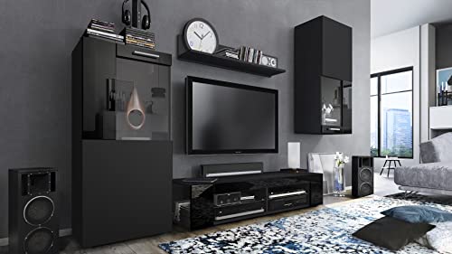 Vladon Wohnwand Movie, Anbauwand bestehend aus 1 TV-Board, 2 Vitrinen und 1 Regal, Schwarz matt/Schwarz matt/Schwarz Hochglanz (Gesamt: 300 x 190 x 39 cm) von Vladon