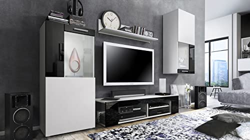 Vladon Wohnwand Movie, Anbauwand bestehend aus 1 TV-Board, 2 Vitrinen und 1 Regal, Weiß matt/Weiß matt/Schwarz Hochglanz (Gesamt: 300 x 190 x 39 cm) von Vladon