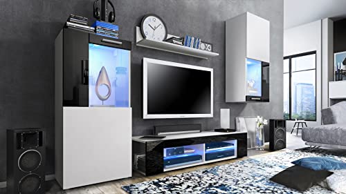 Vladon Wohnwand Movie, Anbauwand bestehend aus 1 TV-Board, 2 Vitrinen und 1 Regal, Weiß matt/Weiß matt/Schwarz Hochglanz, inkl. LED-Beleuchtung blau (Gesamt: 300 x 190 x 39 cm) von Vladon