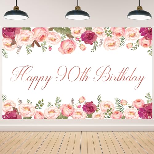 Vlipoeasn Elegante weiße Dekoration zum 90. Geburtstag für Frauen, Rose Gold Blume Pfingstrose Fotografie Hintergrund für 90. Geburtstag Party Überraschung für Mutter Cheers bis 90 Jahre alt von Vlipoeasn