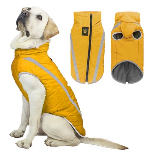 Voarge Wasserdichter Hundemantel Winter Warme Jacke, Reflektierende Verstellbare Outfit Winter Jacke für kleine mittelgroße Hunde mit Geschirrloch (Gelb, 2XL) von Voarge