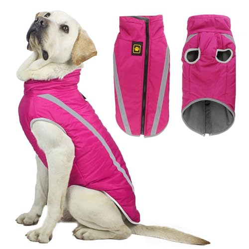 Voarge Wasserdichter Hundemantel Winter Warme Jacke, Reflektierende Verstellbare Outfit Winter Jacke für kleine mittelgroße Hunde mit Geschirrloch (Rosa, 3XL) von Voarge