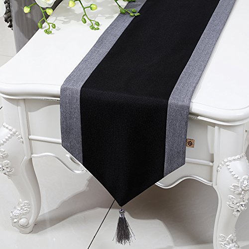 Sideboard Läufer Tischläufer Modern Wohnzimmer Tischläufer Landhausstil Outdoor Tischdecke Deko Tischläufer Schwarz Leinenoptik Natur mit Quasten Hochzeit Abwaschbar Table Runner Home 33x300CM von Voici et Voila