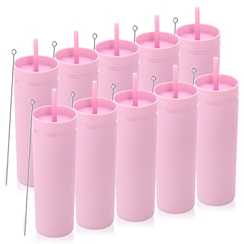 Volhoply 600 ml Trinkbecher mit Deckel und Strohhalm Zehnerpack,20oz Doppelwandiger Wiederverwendbar Reisebecher Kinder,BPA-freier Matte Pastellfarben Acryl-Plastikbecher für Geschenk(Rosa,10 Stück) von Volhoply