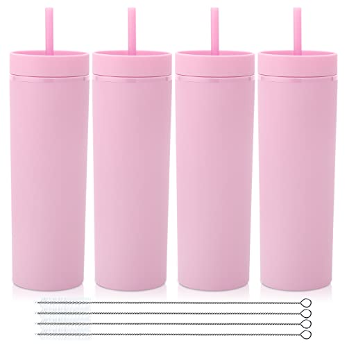 Volhoply 600ml Trinkbecher mit Deckel und Strohhalm Viererpack,Doppelwandiger Wiederverwendbar Reisebecher,BPA-freier Matte Pastellfarben Acryl-Plastikbecher für Fruchtsaft,Geschenk,Eiskaffee(Rosa,4) von Volhoply