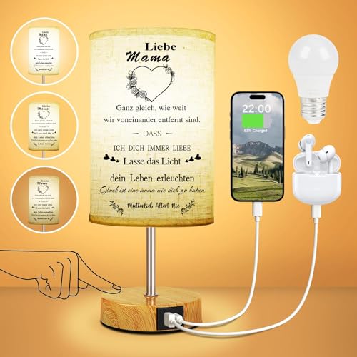Vomkela Geschenke für Mama,Geburtstagsgeschenk für Mama Nachttischlampe Touch Dimmbar mit USB A+C Ladeanschlüssen,Tischlampe für Schlafzimmer Geschenk (LED-Birne Inklusive) [Energieklasse G] von Vomkela