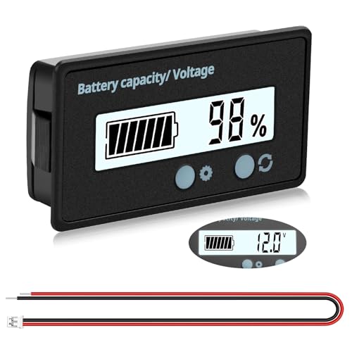 VooGenzek Batteriekapazitäts Voltmeter Monitor, Universelle Blei-Säure-Lithium Batterie-Status-Anzeige Tester Voltmeter Monitor, LCD-Display, DC 12V - 72V Batteriemessgerät (Weißes Licht) von VooGenzek