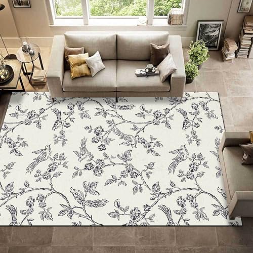 Vqbawmloㅤ Designer Kurzflor Teppich Waschbar Wohnzimmer Teppich mit rutschfest Pflegeleicht Schlafzimmer Teppich einfache Schwarze und weiße Blumen, Pflanzen, Vögel 120 x 160 cm von Vqbawmloㅤ