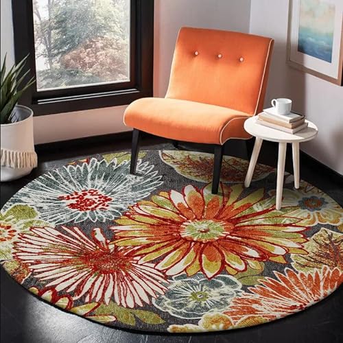Vqbawmloㅤ Runder Schlafzimmer Teppich Wohnzimmer Kurzfloriger Teppich Waschbarer Esszimmer rutschfest Teppich Retro große Blume orange, ∅150 cm von Vqbawmloㅤ