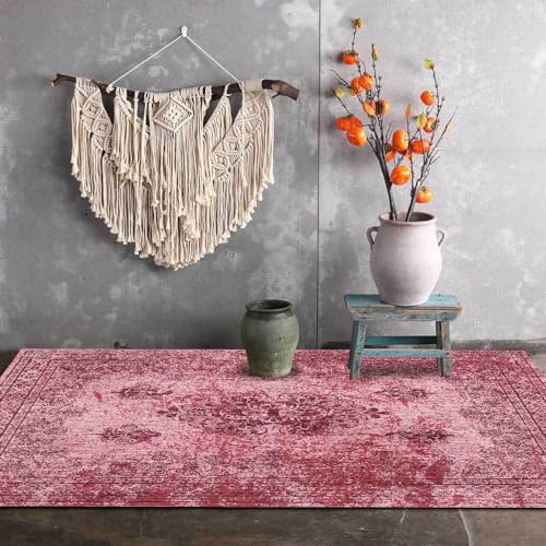 Vqbawmloㅤ Kurzflor Flur Runner Teppiche Waschbare rutschfest Teppiche Entryway Schlafzimmer Teppiche Rosafarbene Blumen im ethnischen Stil 70 x 140 cm von Vqbawmloㅤ