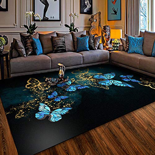 Vqbawmloㅤ Kurzflor rutschfest Teppich Modernes Waschbar Teppiche Schlafzimmer Gästezimmer Balkon Teppich Stilvoller moderner Blauer Schmetterling 160 x 280 cm von Vqbawmloㅤ