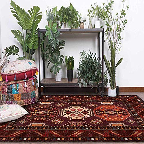 Vqbawmloㅤ Moderner Kurzflor Teppich Waschbar Pflegeleicht Teppich Schlafzimmer Esszimer Küchen Teppich Ethnische Retro-rote Geometrie 150 x 180 cm von Vqbawmloㅤ