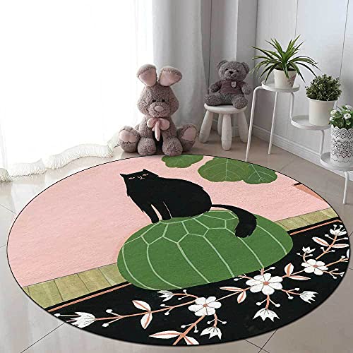 Vqbawmloㅤ Runder Teppich Wohnzimmer rutschfest Teppich Schlafzimmer Flauschig Spielzimmer Kurzflor Waschbarer Teppich Grau rosa grün Pflanze Schwarze Katze Mädchen, ∅100 cm von Vqbawmloㅤ