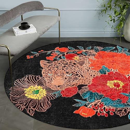 Vqbawmloㅤ Runder Teppich Waschbar in Waschmaschine,Teppich Kurzflor Weicher Teppich für Wohnzimmer,Schlafzimmer,kinderzimmer Modische rote Blume, schwarzer Leopard, ∅ 60 cm von Vqbawmloㅤ
