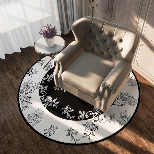 Vqbawmloㅤ Runder Designer Teppich Wohnzimmer, Esszimmer Pflegeleicht Teppich Schlafzimmer Büro Kurzflor Weich rutschfest Modische einfache Schwarze und weiße Blumen, ∅110 cm von Vqbawmloㅤ
